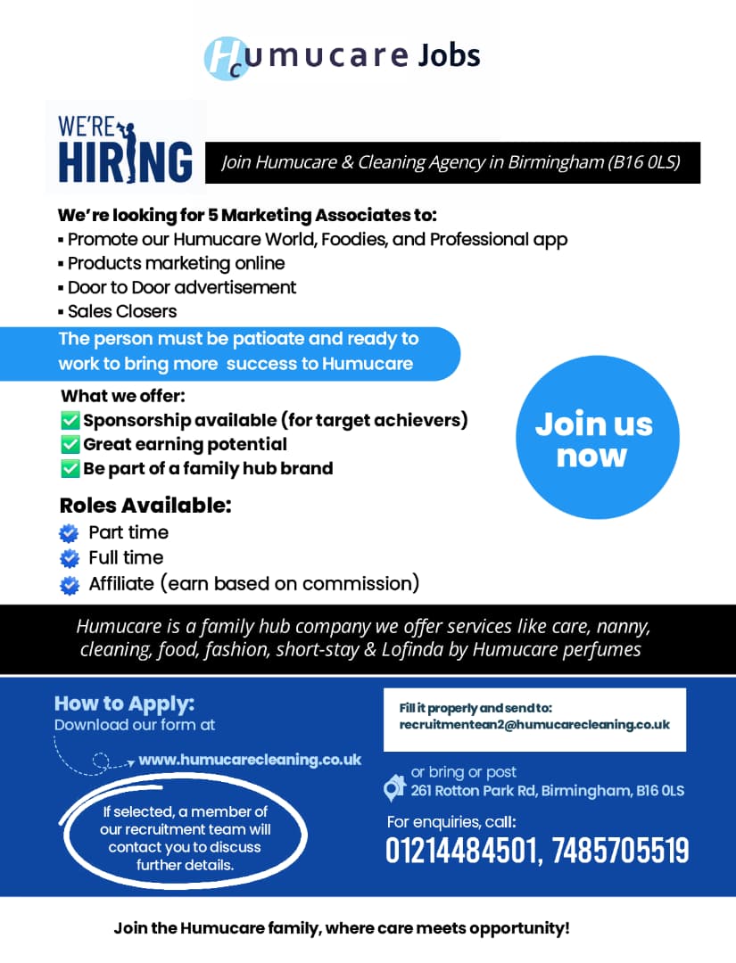 Humucare & Cleaning Agency job openings - marketing associates positions in Birmingham
